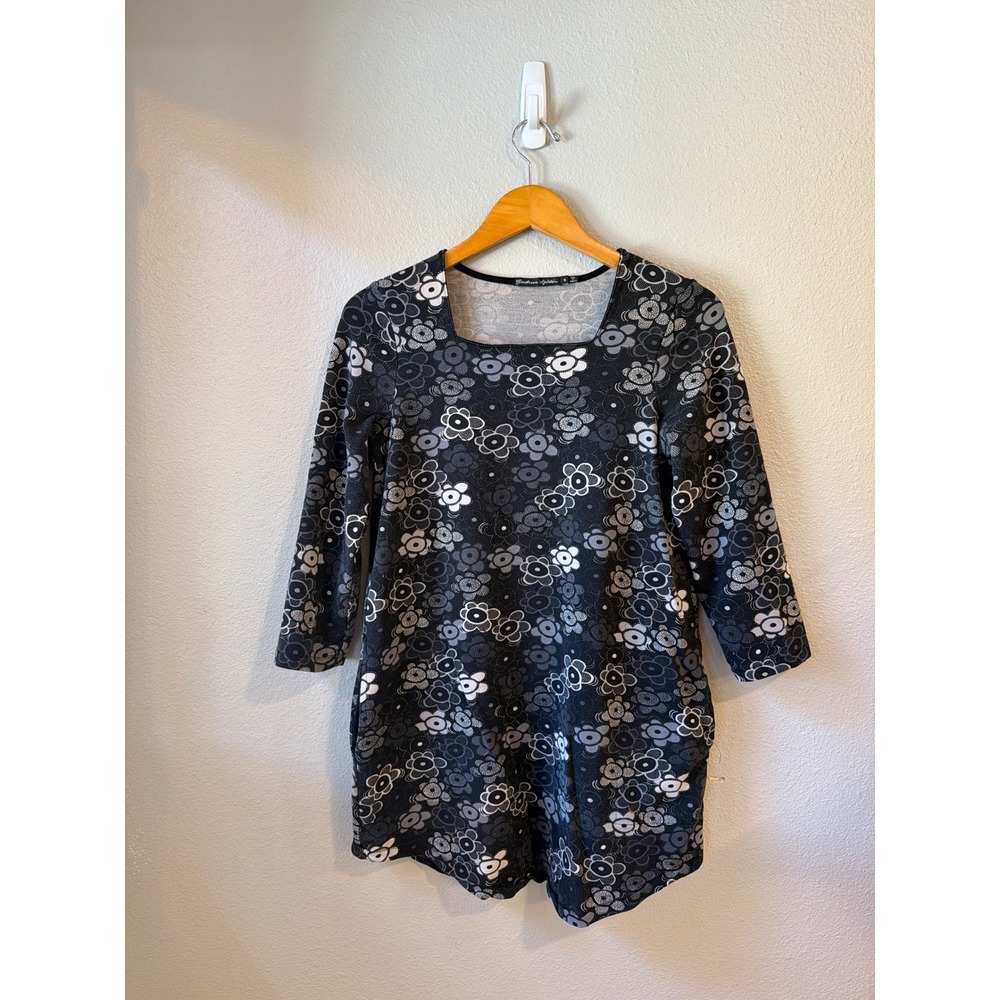 Gudrun Sjödén Floral Tunic Top Women Sm Black Gray Square Neck Pockets Lagenlook